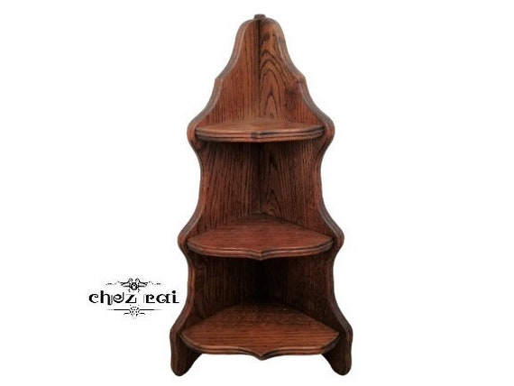 Vintage French Oak Hardwood Heavy Triple Corner Shelf Wall Display Unit Wall Fixing Hanging Ornament Farmhouse Display Rack / Chez Rai
