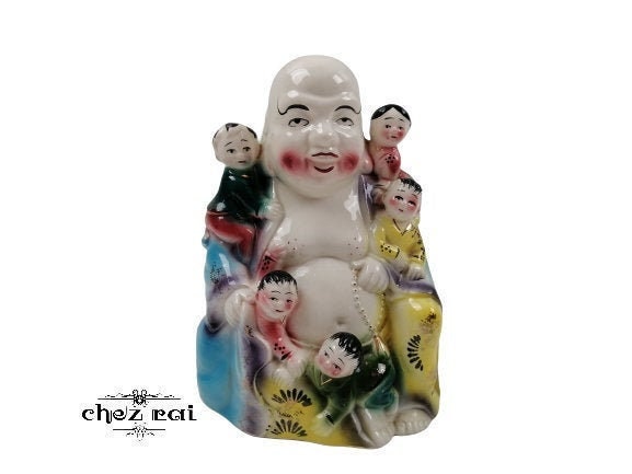 Vintage Style Chinois Asiatique Joyeux Bouddha Rieur avec 5 Enfants Porcelaine Figurine Statue Étagè