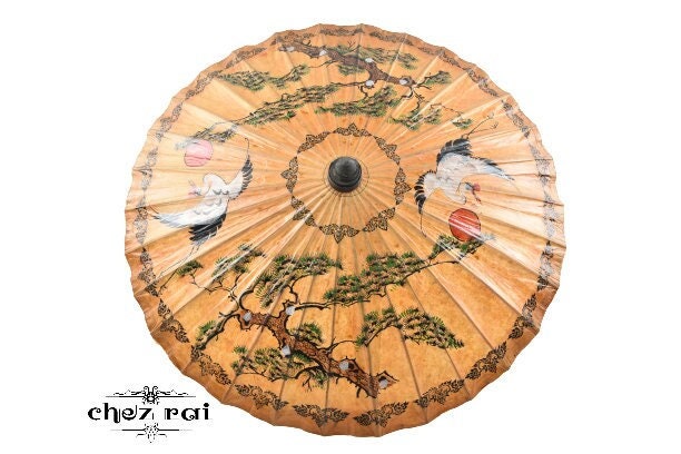 Vintage Parapluie Japonais Riz Papier Bambou Parasol Asie Du Sud-Est Asiatique Peint à La Main Décor