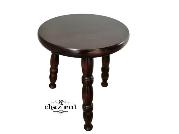 Vintage Français Trouvé Très Poli Rond Petit Tabouret en Bois Plant Pot Stand Couloir Entrée Display