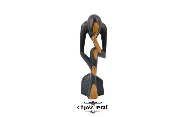 Vintage Hardwood Statue Thinker Thought Wooden Sculpture Shelf Display Stand Gift Idea Figure Décor