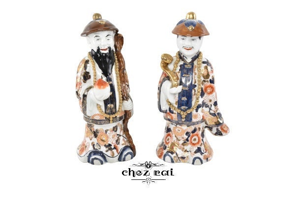 Porcelaine Vintage Céramique Style Chinois Wise Men Statue Luk et Sau Étagère Afficher Puissance Ric