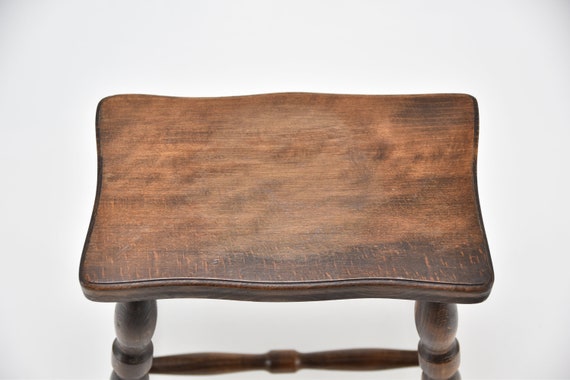 ヴィンテージ 16インチ フランス製 木製 長方形 回転脚 スツール 頑丈