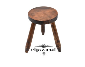 Vintage 14" Wooden Rustic Round Three Legged Wood Stool Plant Stand Farmhouse Cottage Room Display Gift Idea Milking / ChezRai