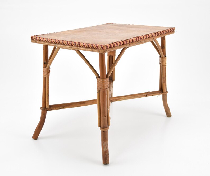 Chezrai Vintage French Rattan Bamboo Brown Top Four Legs End Side Table