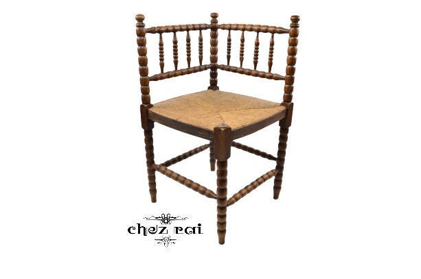 Vintage Français Chaise d'angle Bois et Rush Siège Ferme Cheminée Rustique Salon Chambre Gîte/Chez R