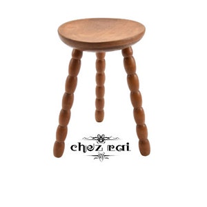 Vintage French 15&quot; Wooden Turned Three Legged Dished Round Top Stool Plant Stand Farmhouse Room Display Cottage Tabouret Gift Idea / ChezRai