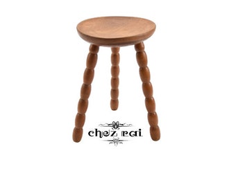 Vintage French 15" Wooden Turned Three Legged Dished Round Top Stool Plant Stand Farmhouse Room Display Cottage Tabouret Gift Idea / ChezRai