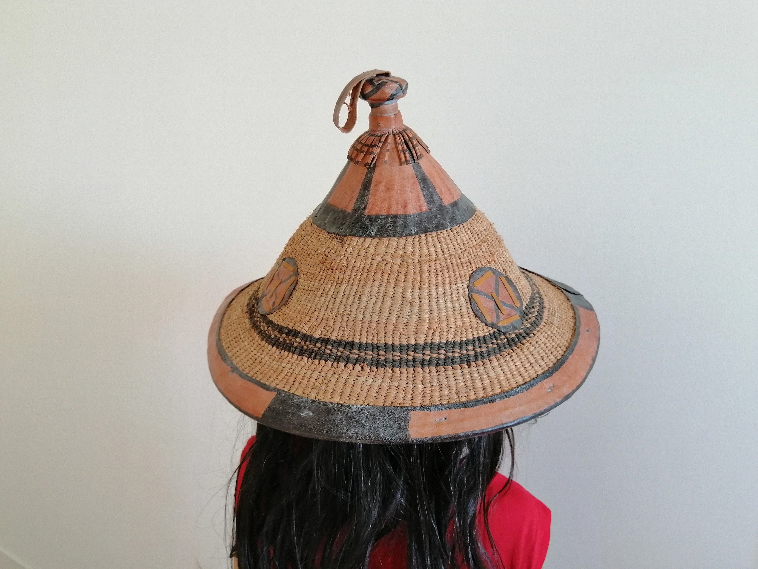 Vintage African Fulani Straw Hat Fine Woven Wall Art Leather  display picture 3
