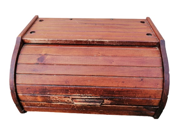 Vintage Français Wooden Bread Box Primitive Breadbox Kitchen Storage Farmhouse Rustic Roll Top/Chez 