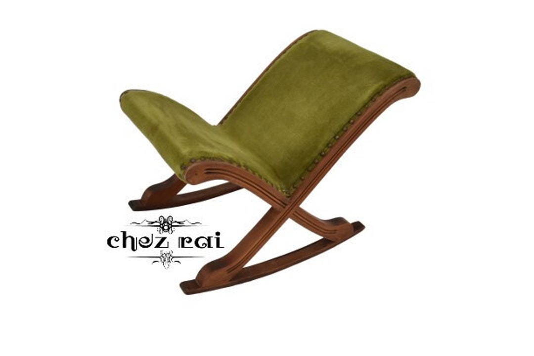 Vintage French Wooden Rocking Footstool Green Fabric Cushioned ...