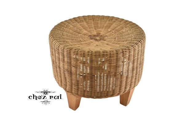 Vintage Grand Rond en Osier Rotin Pouf Tabouret Siège Table d'appoint Salon Mobilier Décor/Chez Rai