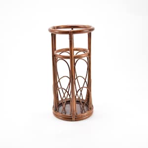 ChezRai - Vintage Rattan Umbrella Stand With Metal Drip Tray Walking Stick Holder Hallway Farmhouse Cottage Barn Umbrella Holder