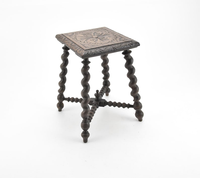 Antique Wooden Stool – Barley Twist Legs, Rustic Home Decor image 3