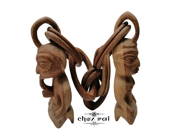 Vintage African Hand Carved Wood Fertility Marriage Chain Wedding Gift Long Housewarming Idea Wooden