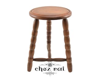 Vintage French Wooden Round Braced Three Legged Wood Stool Tabouret Plant Stand Farmhouse Cottage Barn  Display Small Table Seat / Chez Rai