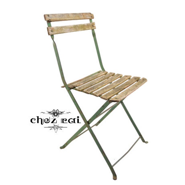 Vintage Français bois lattes vert métal pliant bois chaise de jardin tabouret support présentoir socle assise siège Prop Tabouret c1950 / Chez Rai
