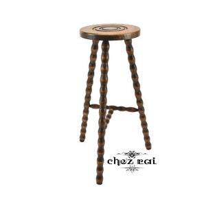 Vintage French 28" Tall Wooden Round Braced Stool Plant Stand Cottage Farmhouse Barn Room Display Wood Tabouret Gift Idea / ChezRai