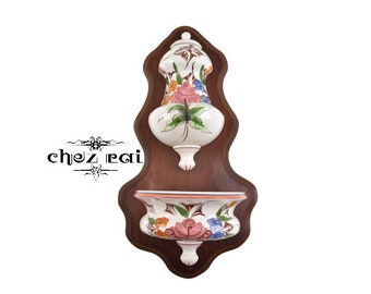 Vintage Beautiful Ceramic Flowery Hand Painted Lavabo Wash Stand Wood Plaque Sink Hand Basin Water Feature Cloakroom Wall Décor / Chez Rai