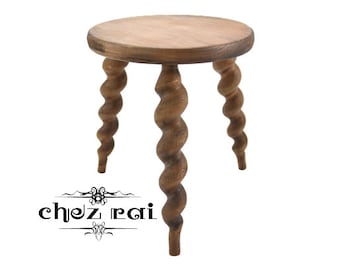 Vintage French 13" Small Wooden Spiral Twist Three Legged Round Top Stool Plant Stand Room Display Cottage Farmhouse Wood Tabouret / ChezRai