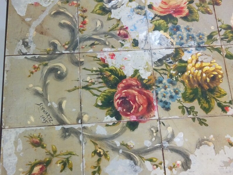Vintage Wrought Iron Tile Top Table Coffee Table Patio Table Small Room Floral Tile Farmhouse Rustic Decor Heavy Piece Decorative Chez Rai