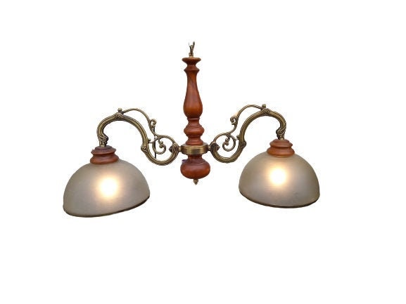 Vintage Twin Light Fitting Chain Hanging Ceiling Glass Shades Farm House Home Decor Wood Bowl Shaped