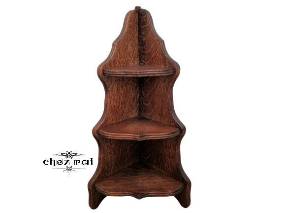 Vintage Français Chêne Bois Dur Lourd Triple Coin Étagère Murale Affichage Maison Ferme en Ornement/