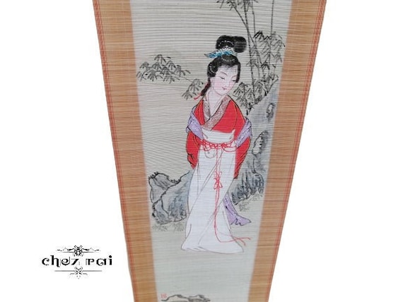 Vintage chinesische Malerei auf Bambus Scroll Wand Rolle handbemalt  asiatische Wand hngen Wand Dekor Geisha asiatischen Interieur signiert /  Chez Rai - Etsy sterreich