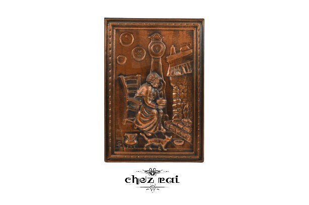 Vintage Français Copper Plaque Wall Hang Decor Lady By The Fire Cat Room Décor Makers Mark Farmhouse