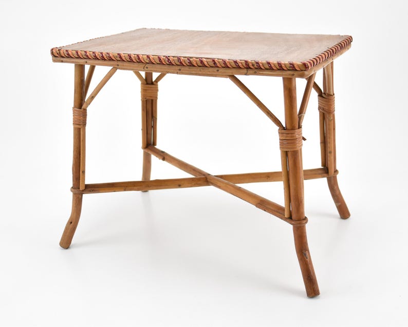 Chezrai Vintage French Rattan Bamboo Brown Top Four Legs End Side Table