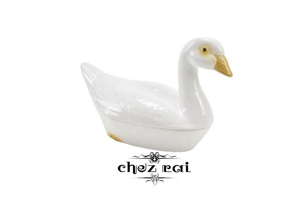 vintage white gosling goose terrine plat soupière présentoir de cuisine idée cadeau en céramique/chezrai