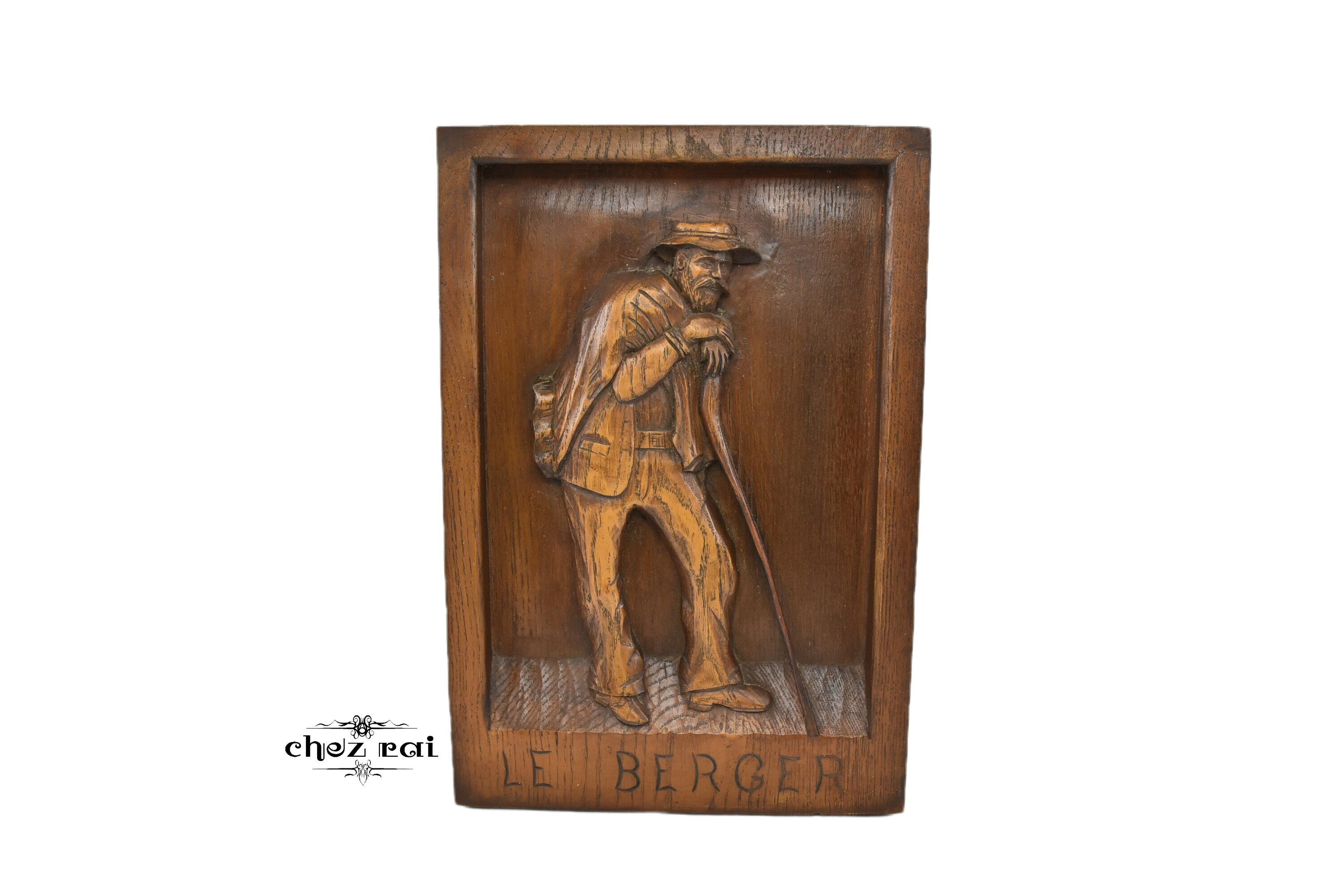 Vintage Français Planche Sculptée en Bois Primitif Traditionnel Le Berker Berger Ouvrier Suspendu Pl