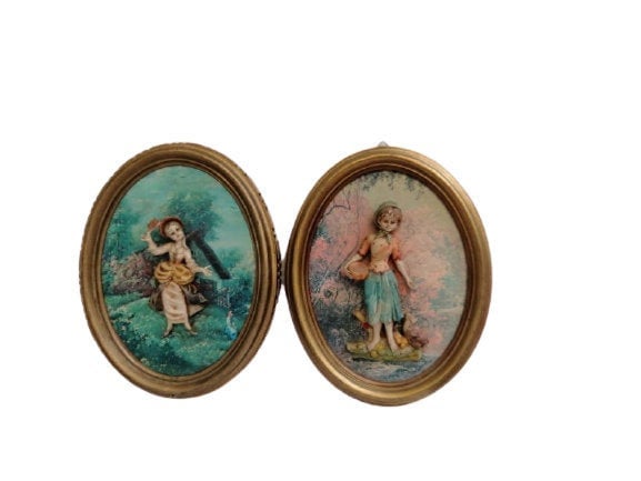 Figurine Italienne Vintage Belle Paire de Panneaux Suspendus Plaques en Bois Cadres Ovales 3D Wall H