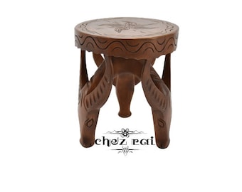 Vintage Heavy Wooden Carved Buffalo Water Buffalo Heads Tripod Stool Seat Room Display Plant Stand African Congo Gift Idea / ChezRai