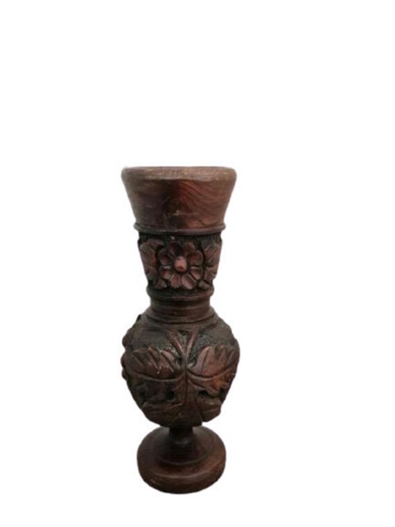 Vintage Wooden Vase Hand Crafted Decorative Shelf Display Tall Wood Home Decor Boho Rustic Farmhouse