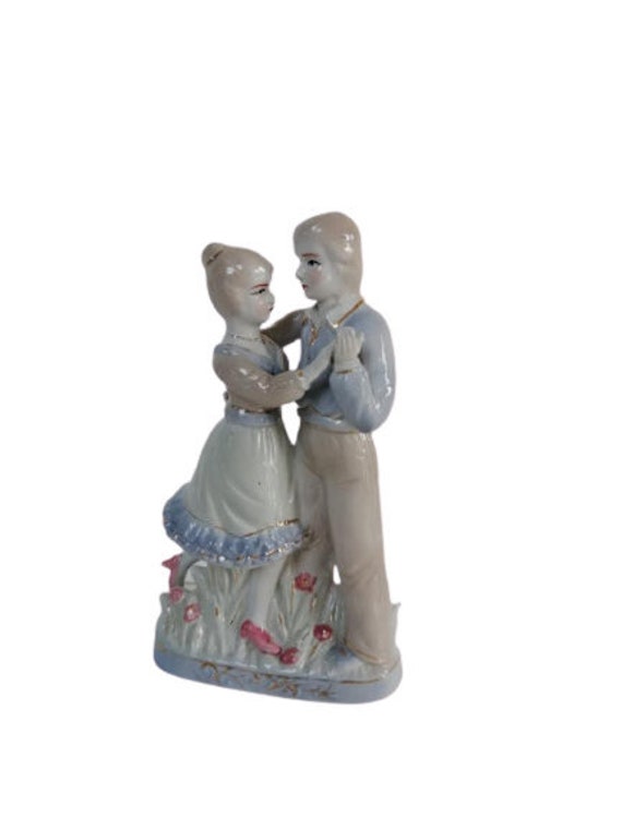 Vintage Porcelain Dancing Couple Ornament Decorative Figurine Blue White Gold & Pink Shelf Display W