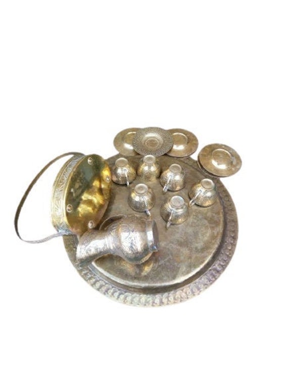 Vintage Brass Set Round Tray Farmhouse Rustic Decor Room Stand Display Cabinet Gift Cups Saucers Jar