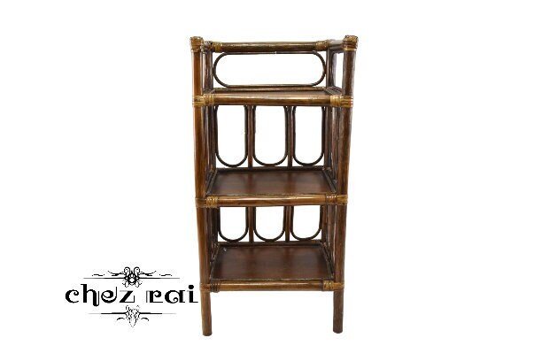 Vintage Bambou Rotin Tissé Osier Bois Trois Niveaux Étagère Debout Pays Ferme Stand Utile Cottage C