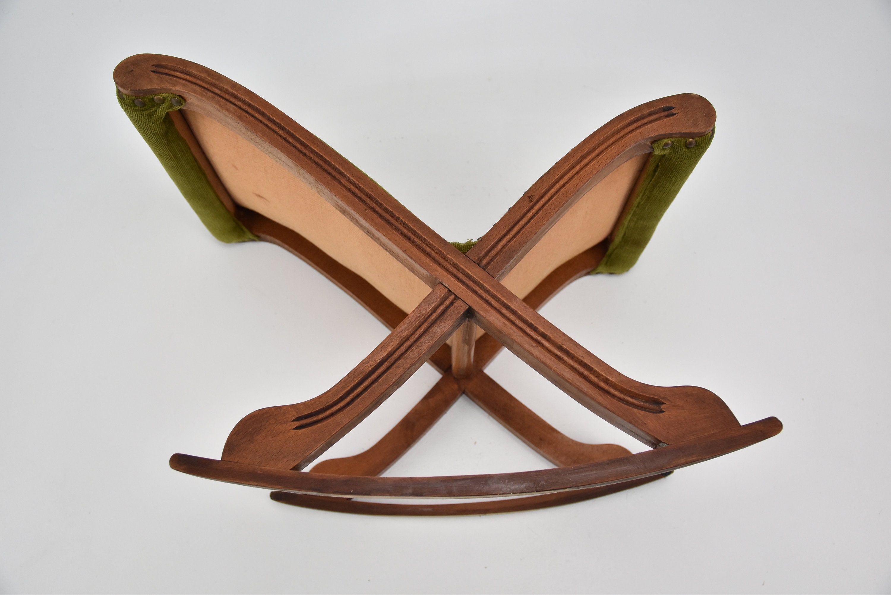 Vintage French Wooden Rocking Footstool Green Fabric Cushioned ...