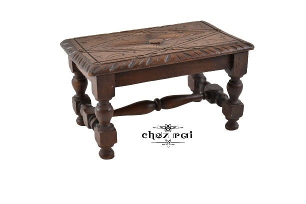 Vintage Sculpté Repose-Pieds Bois Dur Sculpture en Étape Mini Banc Plante Stand Teddy Bear Room Affi