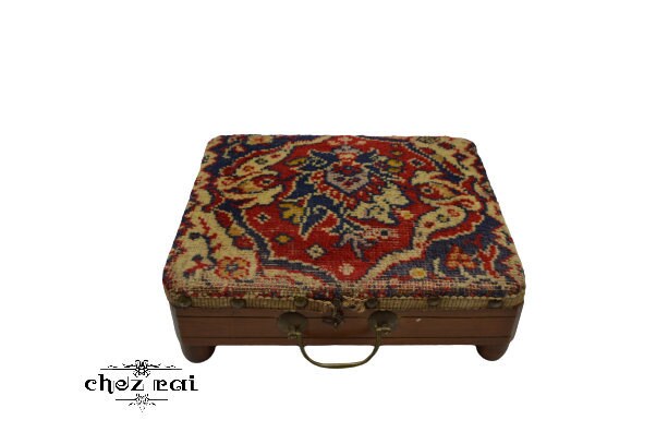Vintage Antique Victorian Footrest Footstool Box & Metal Hot Water Bottle Inside Foot Warmer Farmhou
