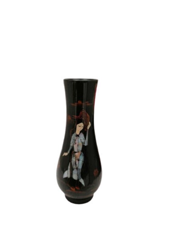 Vintage Laquered Ceramic Bud Vase Oriental Art Work Mother Of Pearl Inlay & Painted Decor Decorative