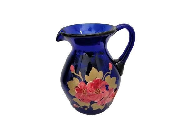 Vintage Belle Cobalt Bleu Vase en Verre Pichet Jug Décoration Main Peint Étagère Affichage Verre ave