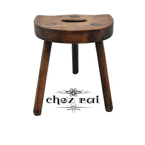 Vintage French 12&quot; Wooden Three Legged Stool Saddle Shaped Plant Stand Farmhouse Cottage Room Display Wood Tabouret Gift Idea / ChezRai