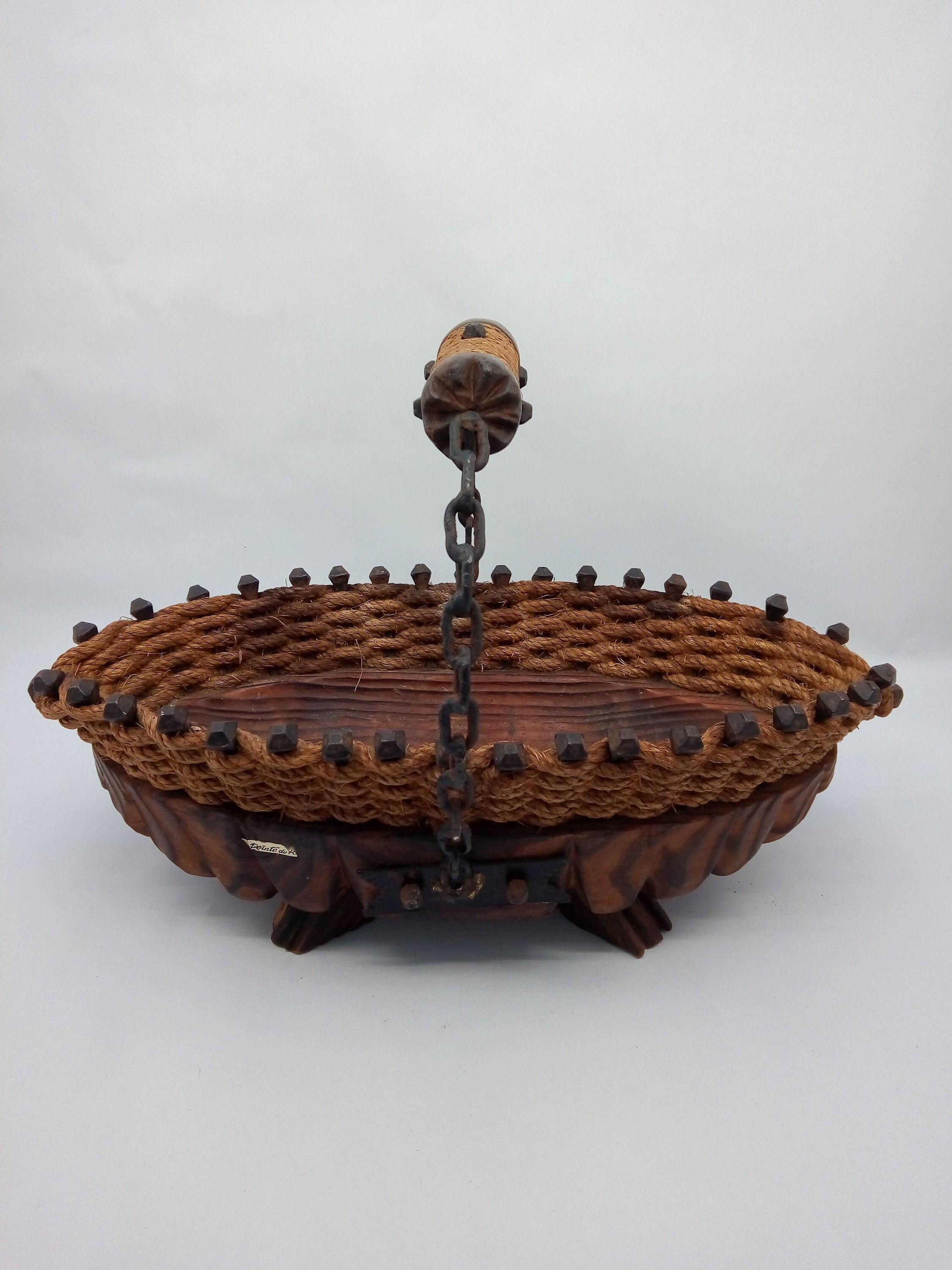 Vintage Français Woven Rope Nails Basket Unusual Piece Wooden Kitchenware Table Rustic Farmhouse Egg