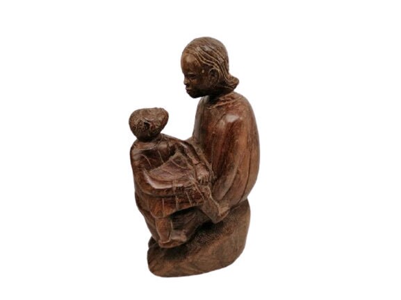 Vintage Lourde Main Sculptée en Bois Mère et Bébé Statue Sculpture Maison Décor Étagère Affichage St
