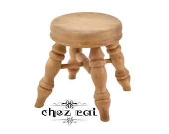 Vintage Cute Wooden Small Little Round Four Leg Stool Plant Stand Room Display Wood Tabouret Farmhouse Cottage Gift Idea / ChezRai
