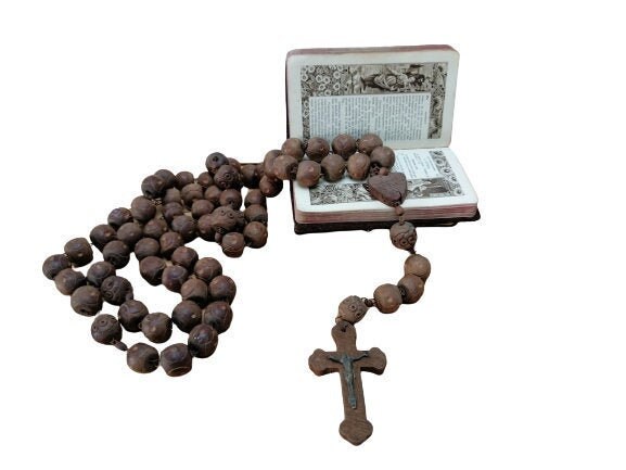 Vintage Français Lourdes Rosaire Sculpté Perles de Bois Nonnes Religion Catholique Souvenir Religiou