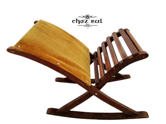 Vintage Rocking Wooden Slatted & Fabric Footrest Footstool Farmhouse Rustic Country Cottage Living R