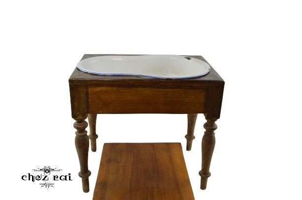 Vintage Français Enamel Bidet Bowl With Stand Wooden Cabinet Bird Bath Planter Wash Sink Vintage Bat